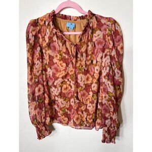 CeCe Floral BOHO, Smocked Cuff Long Sleeve Blouse Small Lightweight 100% Polyest